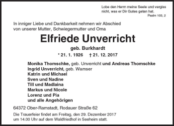 Traueranzeige von Elfriede Unverricht von Trauerportal Echo Online