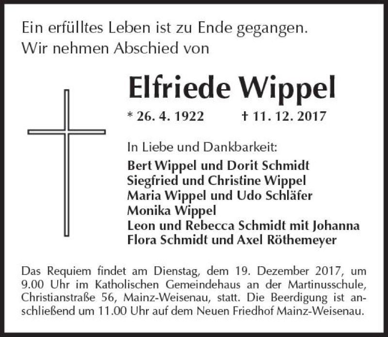  Traueranzeige für Elfriede Wippel vom 14.12.2017 aus Trauerportal Rhein Main Presse