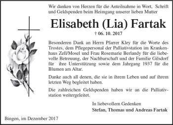 Traueranzeige von Elisabeth Lia Fartak von Trauerportal Rhein Main Presse