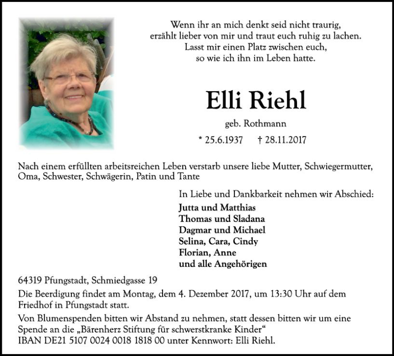  Traueranzeige für Elli Riehl vom 02.12.2017 aus Trauerportal Echo Online