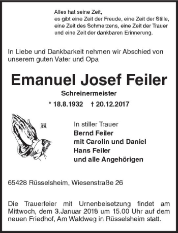 Traueranzeige von Emanuel Josef Feiler von Trauerportal Rhein Main Presse