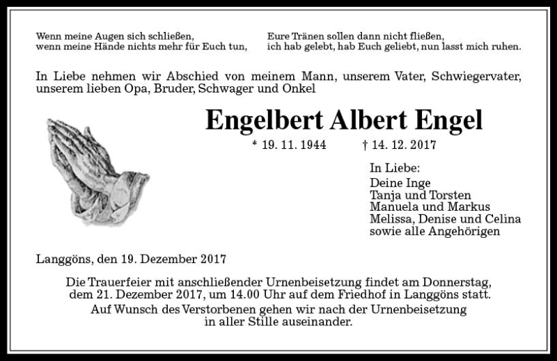 Traueranzeige für Engelbert Albert Engel vom 19.12.2017 aus  Gießener Anzeiger