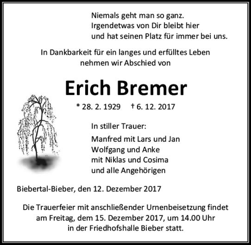  Traueranzeige für Erich Bremer vom 12.12.2017 aus  Gießener Anzeiger