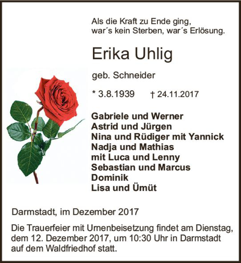  Traueranzeige für Erika Uhlig vom 06.12.2017 aus Trauerportal Echo Online