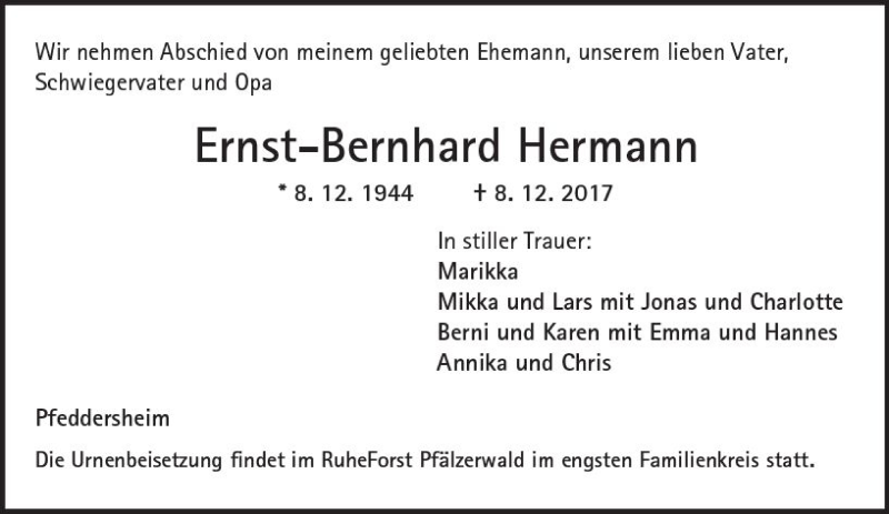  Traueranzeige für Ernst-Bernhard Hermann vom 12.12.2017 aus Trauerportal Rhein Main Presse