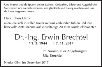 Traueranzeige von Erwin Brechtel von Trauerportal Rhein Main Presse