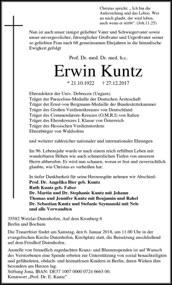 Traueranzeige von Erwin Kuntz von  Gießener Anzeiger