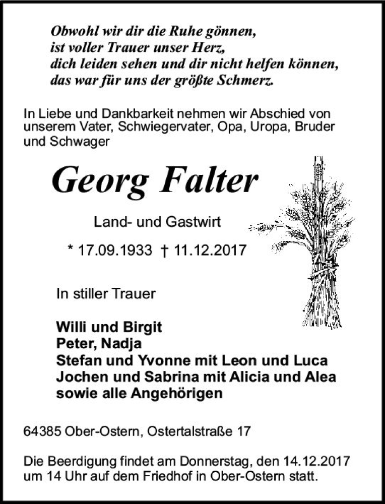  Traueranzeige für Georg Falter vom 13.12.2017 aus Trauerportal Echo Online