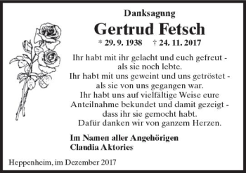 Traueranzeige von Gertrud Fetsch von Trauerportal Echo Online