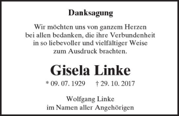 Traueranzeige von Gisela Linke von Trauerportal Echo Online