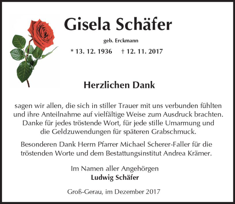  Traueranzeige für Gisela Schäfer vom 13.12.2017 aus Trauerportal Echo Online