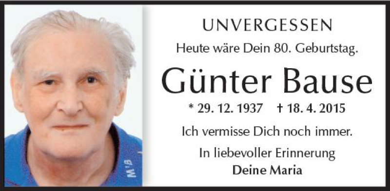  Traueranzeige für Günter Bause vom 29.12.2017 aus Trauerportal Rhein Main Presse