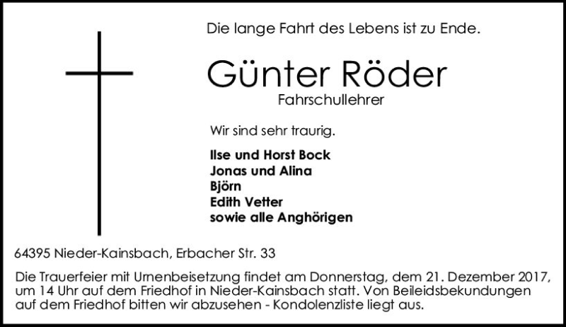  Traueranzeige für Günter Röder vom 16.12.2017 aus Trauerportal Echo Online