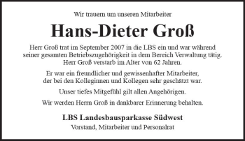 Traueranzeige von Hans-Dieter Groß von Trauerportal Rhein Main Presse