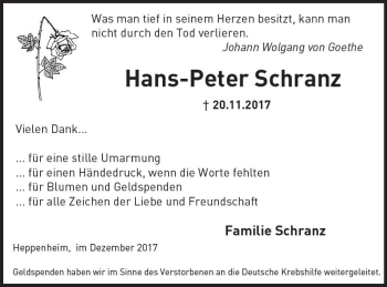 Traueranzeige von Hans-Peter Schranz von Trauerportal Rhein Main Presse
