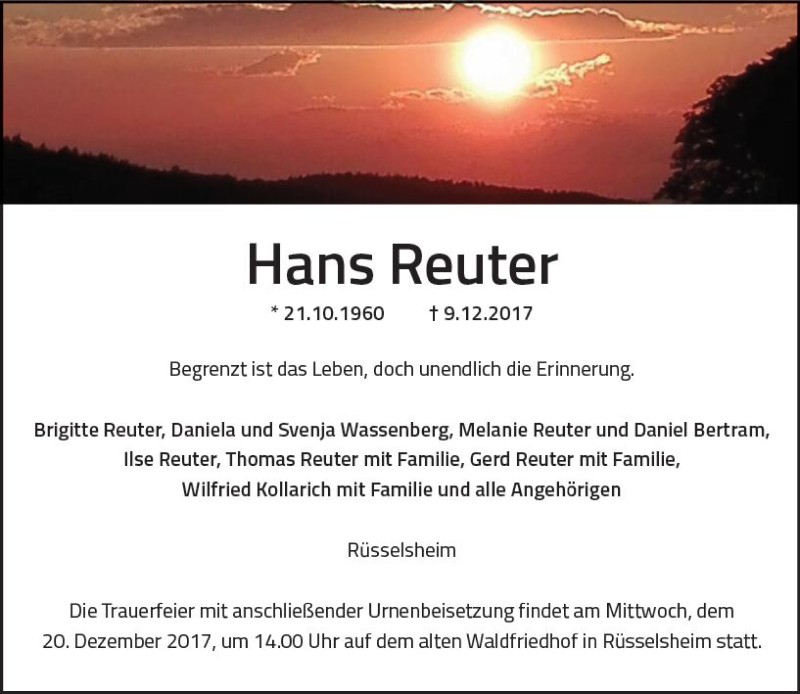  Traueranzeige für Hans Reuter vom 16.12.2017 aus Trauerportal Rhein Main Presse