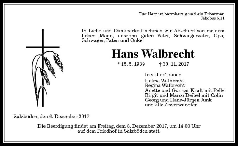  Traueranzeige für Hans Walbrecht vom 06.12.2017 aus VRM Trauer