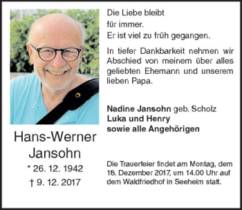 Traueranzeige von Hans-Werner Jansohn von Trauerportal Echo Online