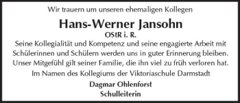 Traueranzeige von Hans-Werner Jansohn von Trauerportal Echo Online