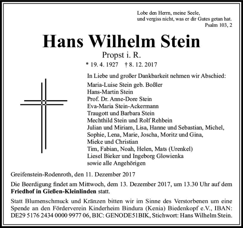  Traueranzeige für Hans Wilhelm Stein vom 12.12.2017 aus  Gießener Anzeiger