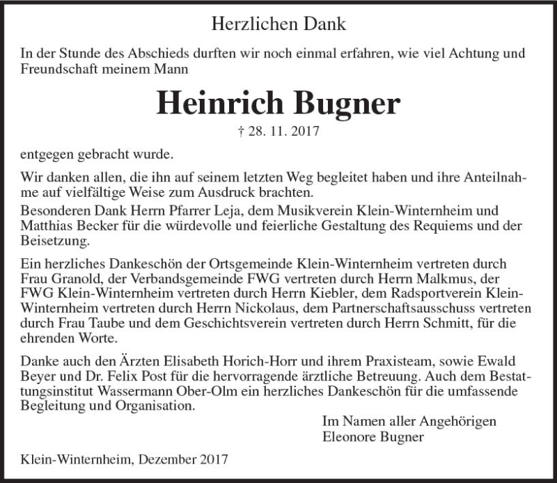  Traueranzeige für Heinrich Bugner vom 23.12.2017 aus Trauerportal Rhein Main Presse