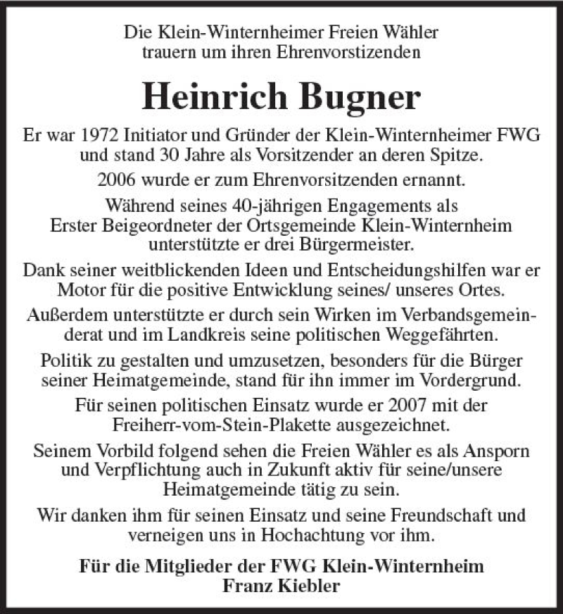  Traueranzeige für Heinrich Bugner vom 02.12.2017 aus Trauerportal Rhein Main Presse