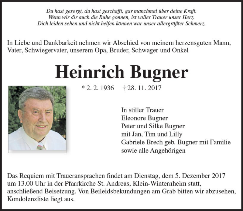  Traueranzeige für Heinrich Bugner vom 02.12.2017 aus Trauerportal Rhein Main Presse
