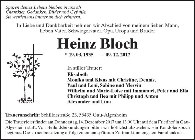  Traueranzeige für Heinz Bloch vom 12.12.2017 aus Trauerportal Rhein Main Presse