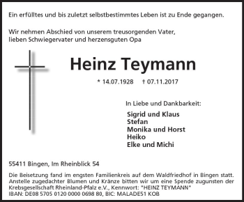 Traueranzeige von Heinz Teymann von Trauerportal Rhein Main Presse