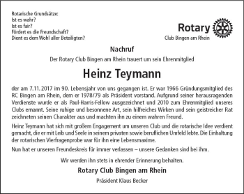 Traueranzeige von Heinz Teymann von Trauerportal Rhein Main Presse