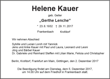 Traueranzeige von Helene Kauer von  Gießener Anzeiger
