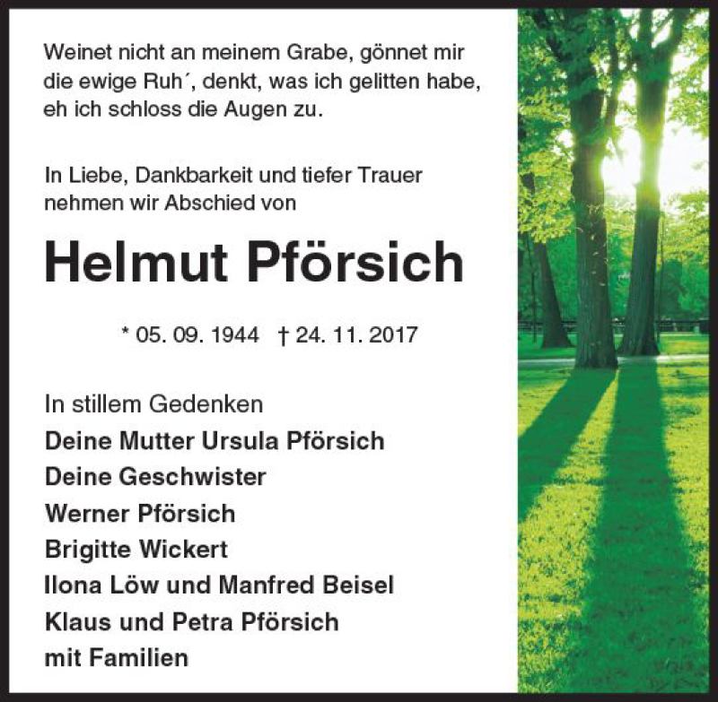  Traueranzeige für Helmut Pförsich vom 06.12.2017 aus Trauerportal Echo Online