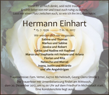 Traueranzeige von Hermann Einhart von Trauerportal Echo Online