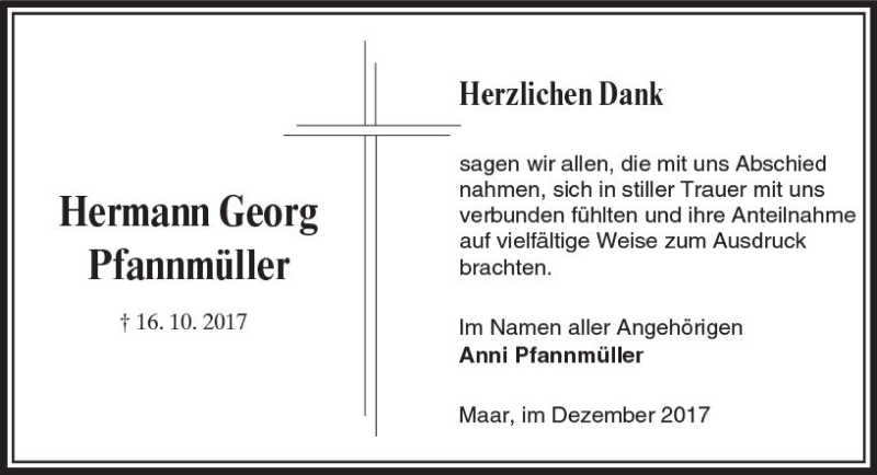  Traueranzeige für Hermann Georg Pfannmüller vom 16.12.2017 aus VRM Trauer