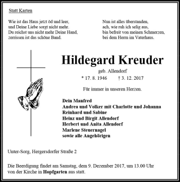 Traueranzeige von Hildegard Kreuder von VRM Trauer