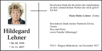 Traueranzeige von Hildegard Lehner von Trauerportal Rhein Main Presse