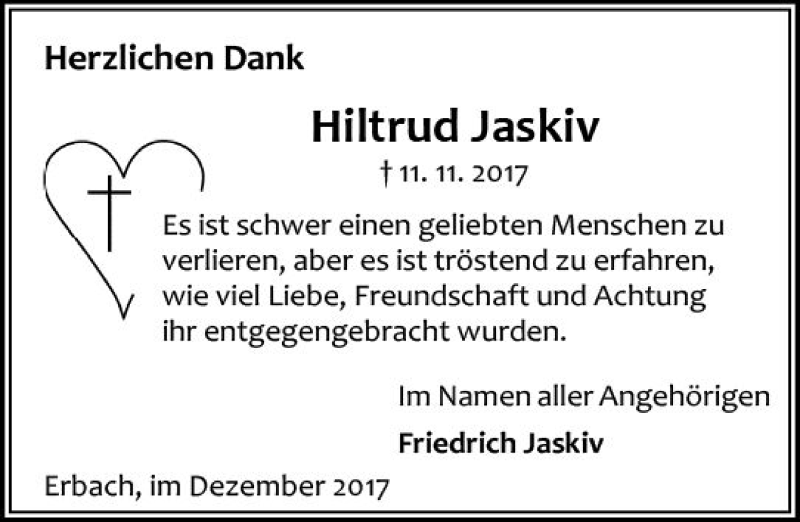  Traueranzeige für Hiltrud Jaskiv vom 20.12.2017 aus Trauerportal Echo Online