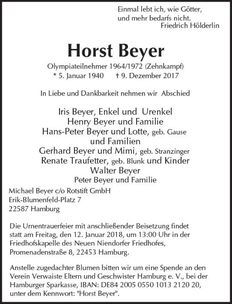  Traueranzeige für Horst Beyer vom 16.12.2017 aus Trauerportal Rhein Main Presse