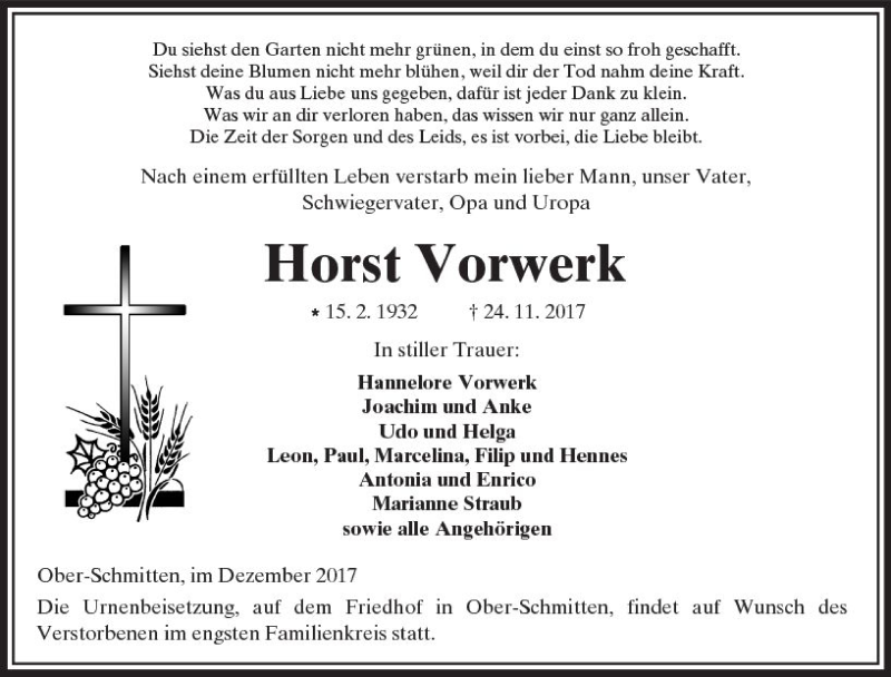  Traueranzeige für Horst Vorwerk vom 02.12.2017 aus  Kreisanzeiger