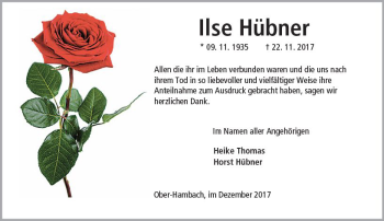 Traueranzeige von Ilse Hübner von Trauerportal Echo Online