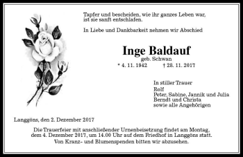 Traueranzeige von Inge Baldauf von  Gießener Anzeiger