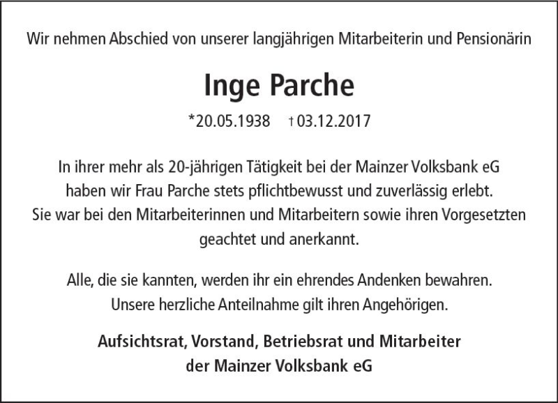  Traueranzeige für Inge Parche vom 16.12.2017 aus Trauerportal Rhein Main Presse