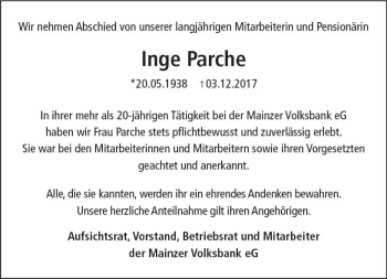 Traueranzeige von Inge Parche von Trauerportal Rhein Main Presse