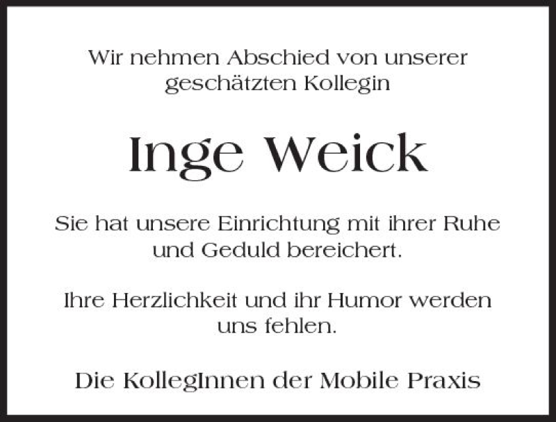  Traueranzeige für Inge Weick vom 01.12.2017 aus Trauerportal Echo Online