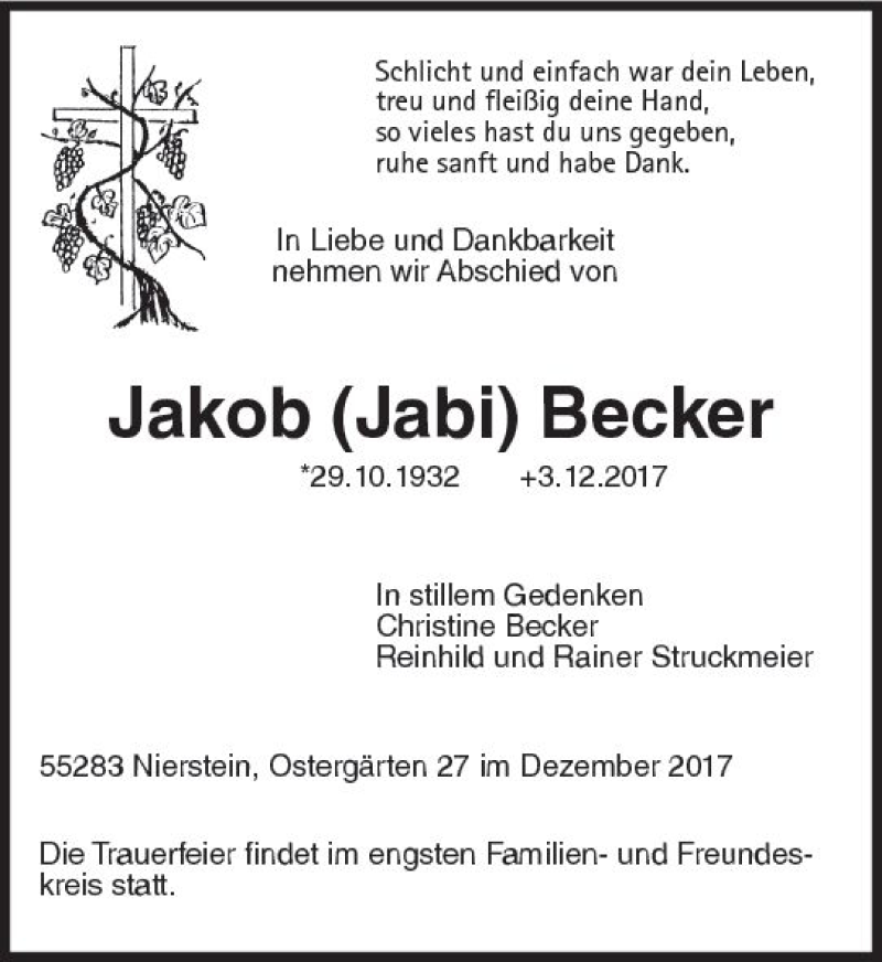  Traueranzeige für Jakob Becker vom 06.12.2017 aus Trauerportal Rhein Main Presse