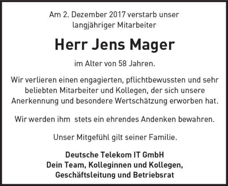  Traueranzeige für Jens Mager vom 09.12.2017 aus Trauerportal Echo Online