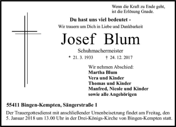 Traueranzeige von Josef Blum von Trauerportal Rhein Main Presse