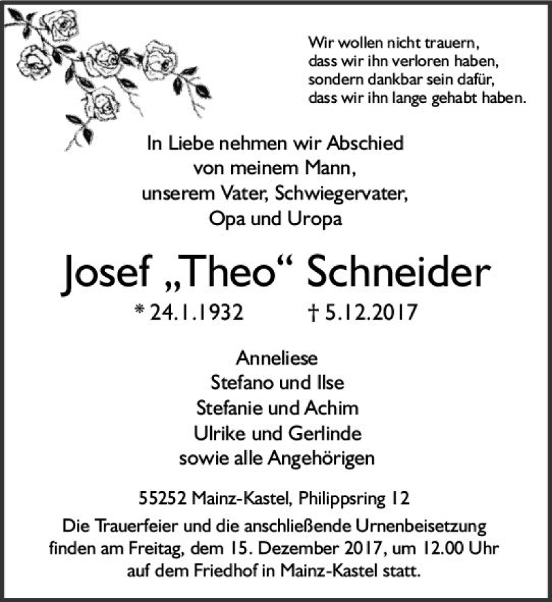  Traueranzeige für Josef Theo Schneider vom 09.12.2017 aus Trauerportal Rhein Main Presse