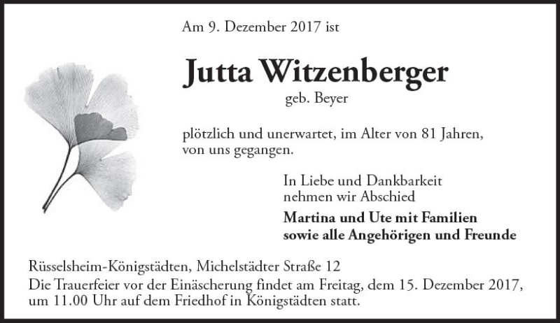  Traueranzeige für Jutta Witzenberger vom 12.12.2017 aus Trauerportal Rhein Main Presse