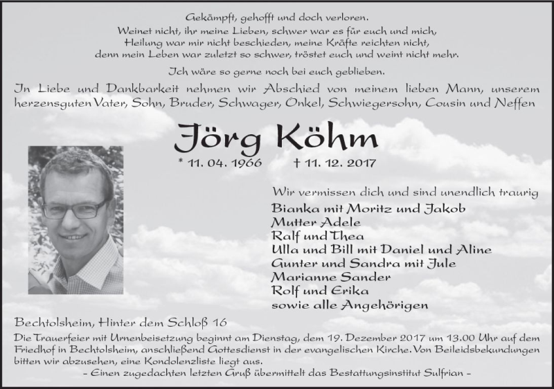  Traueranzeige für Jörg Köhm vom 15.12.2017 aus Trauerportal Rhein Main Presse